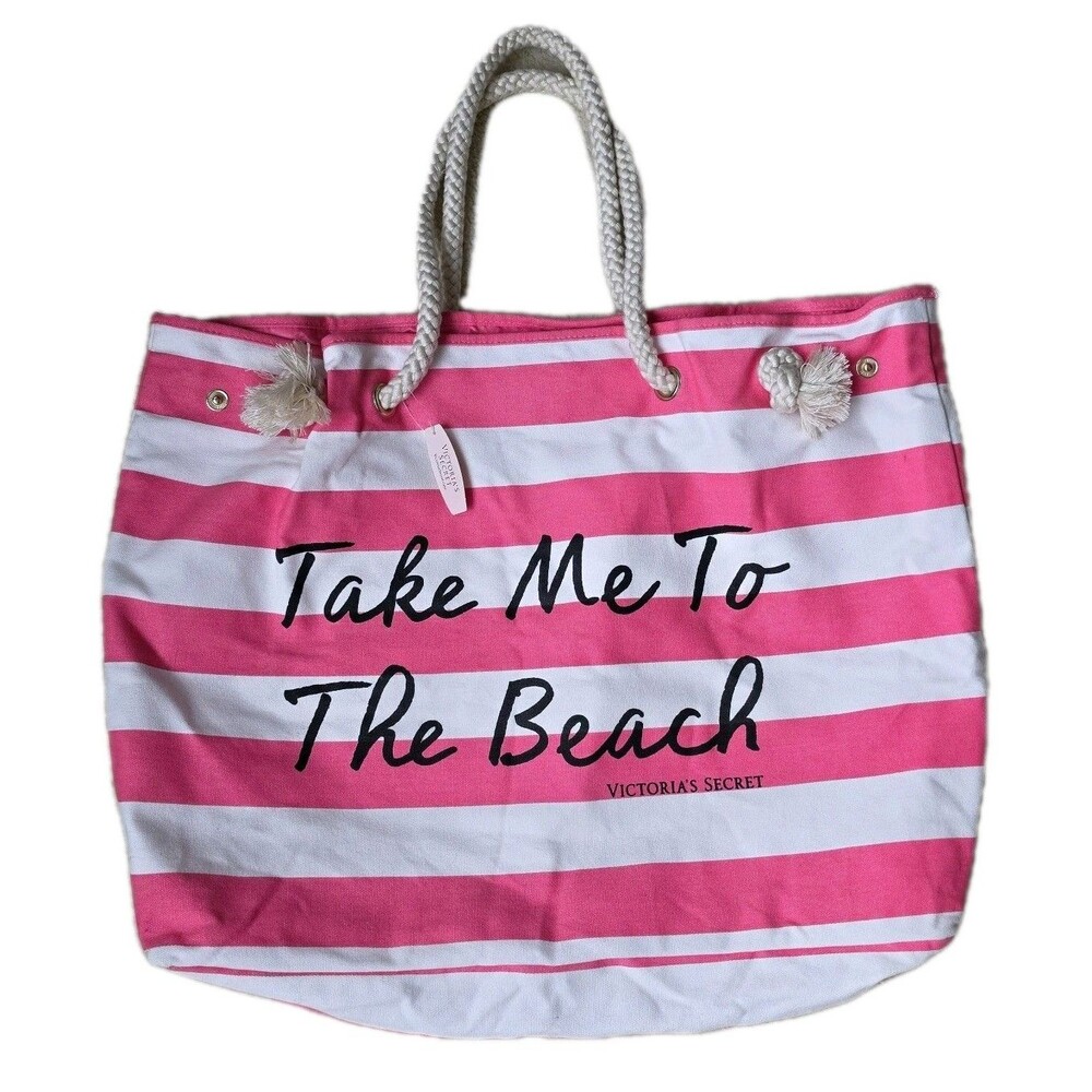 NEW Victorias Secret Striped Huge Pink And White Canvas Tote Bag Shopping Beach - Picture 1 of 10